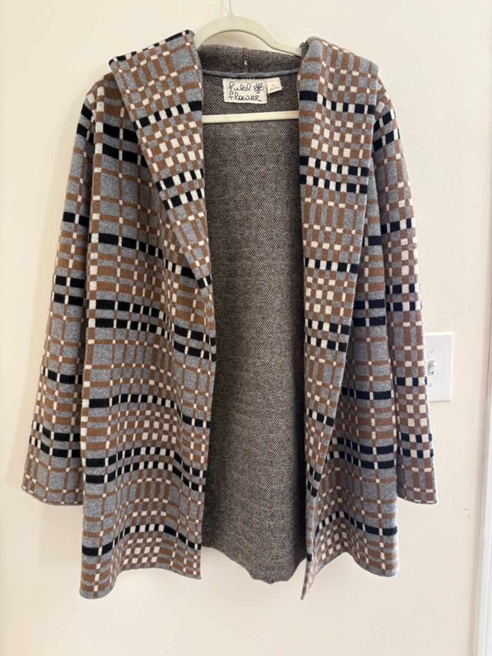 Anthropologie Wool Sweater Coat Hooded Plaid Coatigan Boho Cardigan Jacket chic - Picture 4 of 13